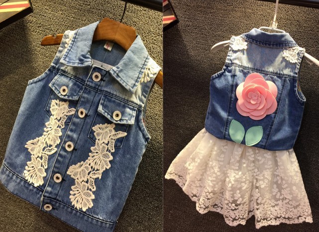 EMS-DHL-Free-Shipping-Toddler-Girls-Cotton-Denim-Vest-Lace-Skirt-Summer-2pc-outfit-Children-Clothing