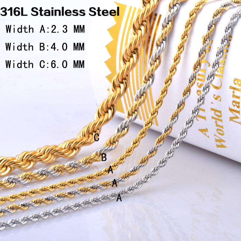 2 3 4 6mm 45 66cm Vintage 316L stainless steel Rope chain necklace jewelry for men