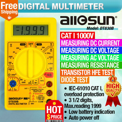 all sun Professional Digital Multimeter AC DC Ammeter Voltmeter Ohm Electrical Tester Portable DT830B not included