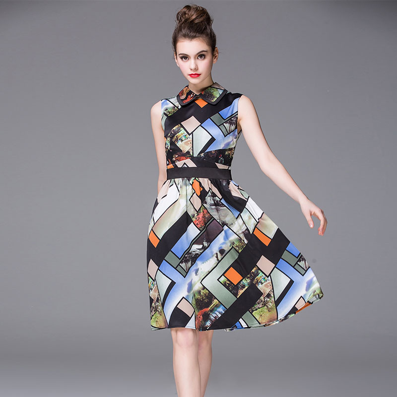 According to the 2016 sub new women Shenzhen Nanyou high-end printing thin waist long sleeveless dress