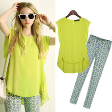 Chiffon Shirt Tops Stretch Cotton Trousers 2016 Women 2 Piece Sets Printed Yellow Tops Blue Pants Plus Size XL-5XL Women Suits