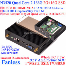 Free Shipping Pentium N3520 Quad Core 2.166Ghz XBMC OpenELEC fanless nuc mini pcs with WiFi HDMI USB 3.0 2G RAM 16G SSD SOC BTY