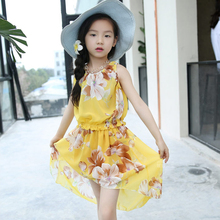 Girls T Shirt O-neck Sleeveless T Shirt Kids +Girls Skirts Flower Print Elegant Girl Summer Dress Fashion Children Clothing 494C