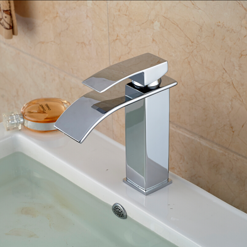 Free Shipping Brass Waterfall Basin Sink Faucet Deck Mount Single Handle Mixer Taps Chrome Finish