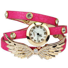 New Relojes 2016 Vintage Leather Strap Wing Rivet Crystal Bracelet Pendant WristWatch Wrap Band Quartz Analog Relogio Feminino