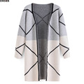 Women Gray Blue Contrast Knitted Cardigan Warm 2016 Autumn Winter Long Sleeve V Neck Casual Loose