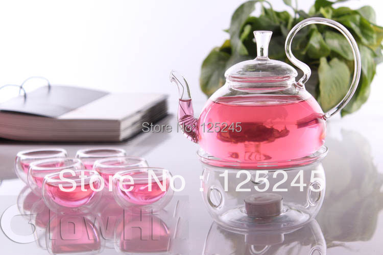 1 heat resistant glass teapot 600ML 6 double wall tea cups 50ML 1 teapot warmer 8pcs