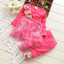 2015 New Autumn Baby Girl Clothing Heart shaped Print Bow Cute 2PCS Cloth Set Children Cloth