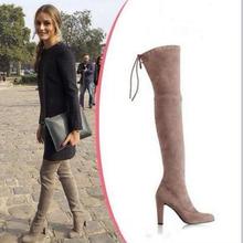 Women stretchy suede leather over the knee thigh high boots knight ridding booties pumps block chunky heels Winter Warm Shoes