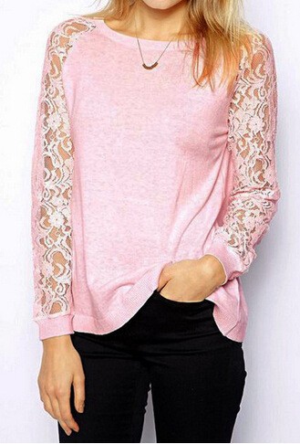 Autumn Pullover Sweatshirt Fashion O-neck Lace Patchwork Long Sleeve Pink hoodies for women Casual Sweatshirts (10)