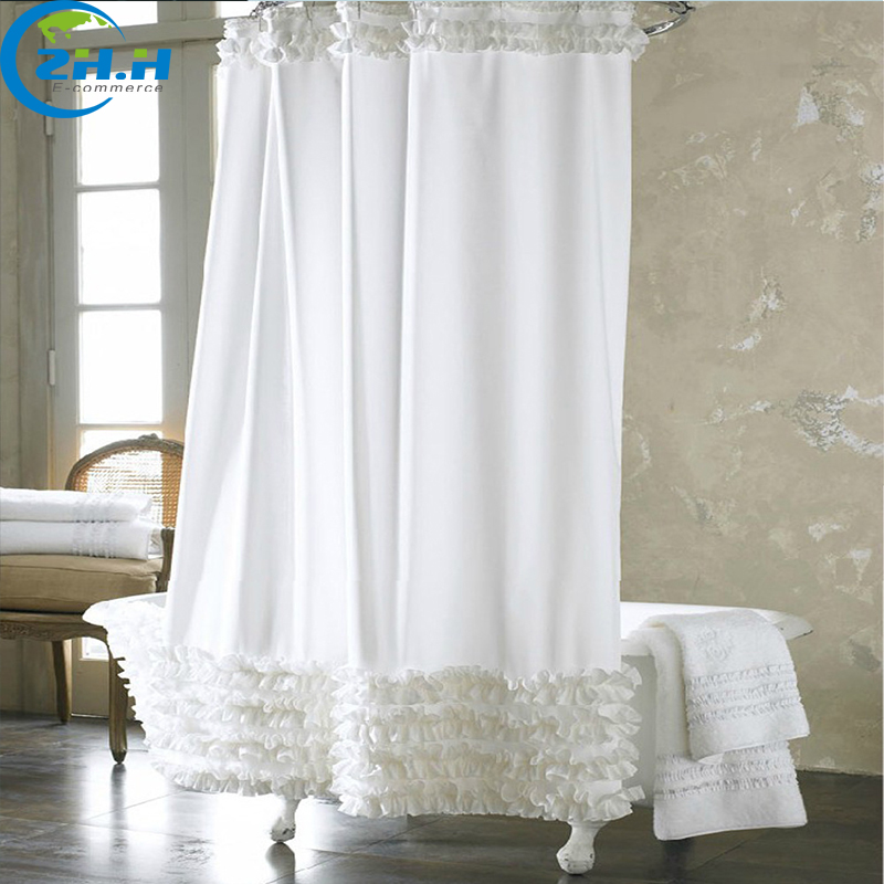 High Quality White Frill Waterproof Bathroom Shower Curtain European Bathroom Products Fabric Shower Curtain 180*180cm with Hook