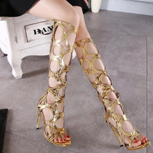 2016 New Brand Fretwork Gladiator Sandals Women Sexy High Heels Fashion Knee Summer Boots Shoes Woman Sandals