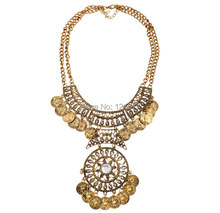 Vintage Silver Gold Double Chain Coin Tassels Necklaces Pendants Bohemian Carving Flower Choker Necklace Women Turkey