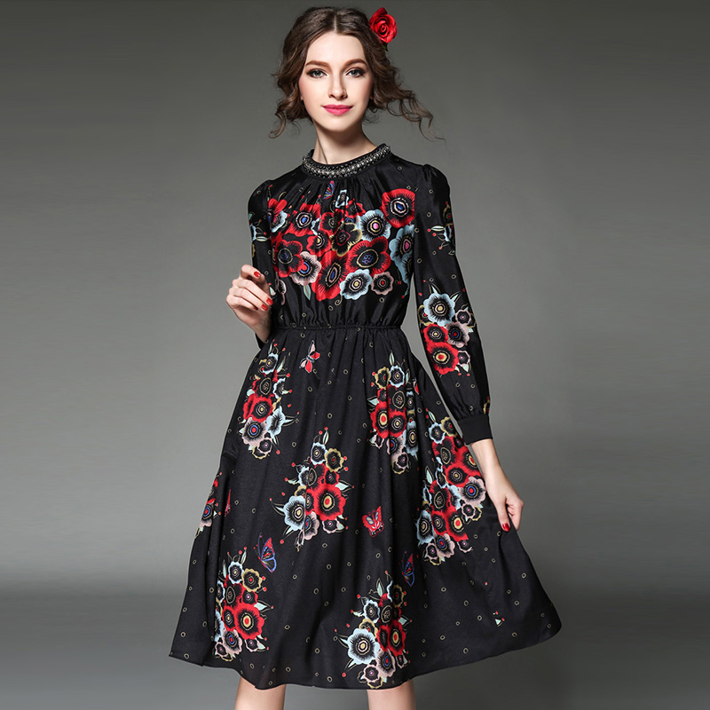 Plus size 5XL 2016 Spring Dress Women Dresses long-sleeve print one-piece dress o-neck Vestidos vintage medium-long Vestido