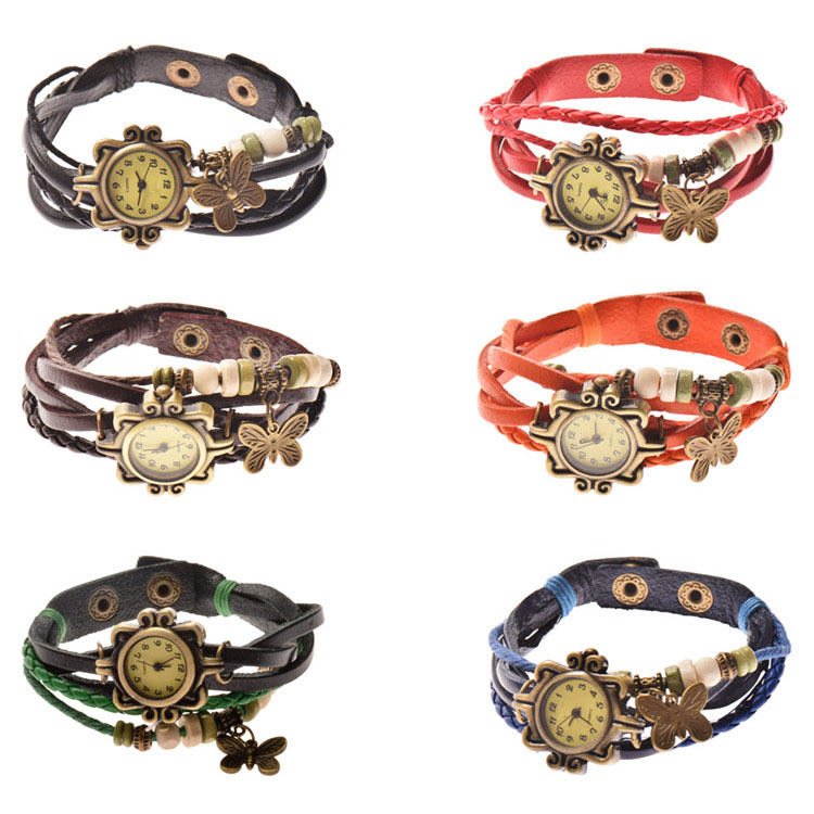 Lackingone 2015 New Fashion relogio feminino leather women Vintage Hand Knit bracelet watch butterfly pendant quartz