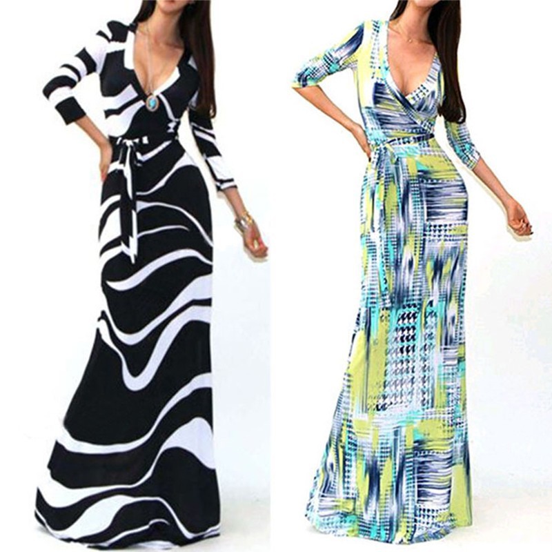 Sexy Package Hip Maxi Dress Fashion Brand New V-neck Long Sleeve Printed Long Dress desigual Women Party Dresses vestido de festa ONY8785 (1)