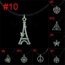 16 Designs Choice Tibetan Silver Plated Eiffel Tower Black Leather Cord  Rope Pendant Choker Charm Necklace Jewlery Decoration