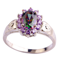 lingmei Free Shipping Brand New Oval Rainbow Topaz Amethyst 925 Silver Ring Size 7 8 9 10 Unisex Party Noble Jewelry Wholesale
