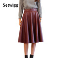 SETWIGG Spring Synthetic Leather Midi Skirts 63cm Women s Street Fashion Black Burgundy PU Leather Knee