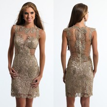 Dark Gold Cocktail Dresses 2016 Sheer Neck Lace Sexy Mini Short Plus Size Custom Made Party Dresses