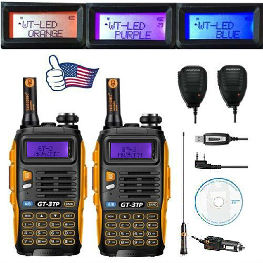 2x Baofeng GT-3TP MarkIII VHF/UHF Dual Band Ham Walkie Talkie Two-way Radio + 2x Speaker + 1x Cable 1/4/8W FM 2x Baofeng GT-3TP MarkIII VHF/UHF Dual Band Ham Walkie Talkie Two-way Radio + 2x Speaker + 1x Cable 1/4/8W FM