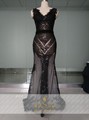 Real Photos Sexy See Through Sequins Tulle V neck Evening Dresses Custom made Sheath Black Evening