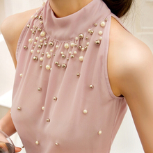 2016 New Women Summer Beading Chiffon Shirt Korean Fashion Sleeveless Women Chiffon Blouse Shirt Women Lace Tank Top S M L XL