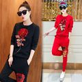 2016 new spring leisure Retro suit female rose flower Sequin casual female suit 2 piece set
