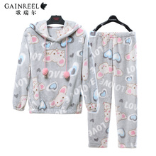 Song Riel autumn and winter flannel pajamas cartoon couple of men and women thick hooded tracksuit