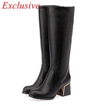new fashion knee high boots 2015 round toe slip on casual boots woman med-heel winter boots black boots woman big size 34-47