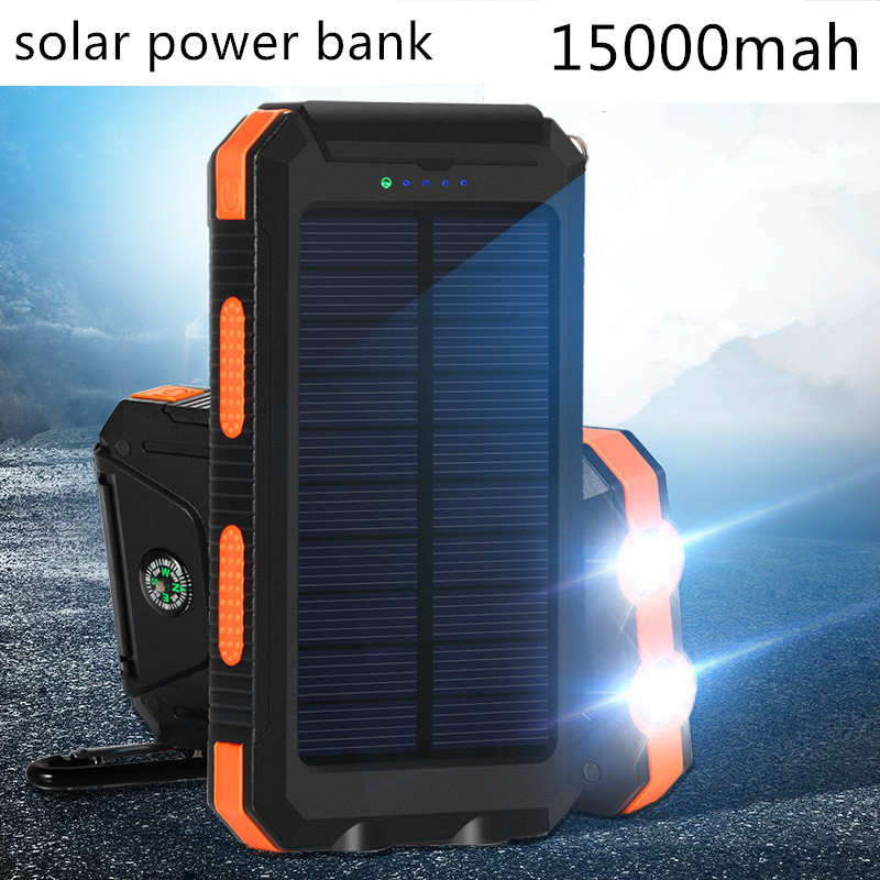 New Portable Solar Power Bank 15000mah Dual USB LED External Battery Solar Charger Backup Waterproof Powebank For Xiaomi phones New Portable Solar Power Bank 15000mah Dual USB LED External Battery Solar Charger Backup Waterproof Powebank For Xiaomi phones