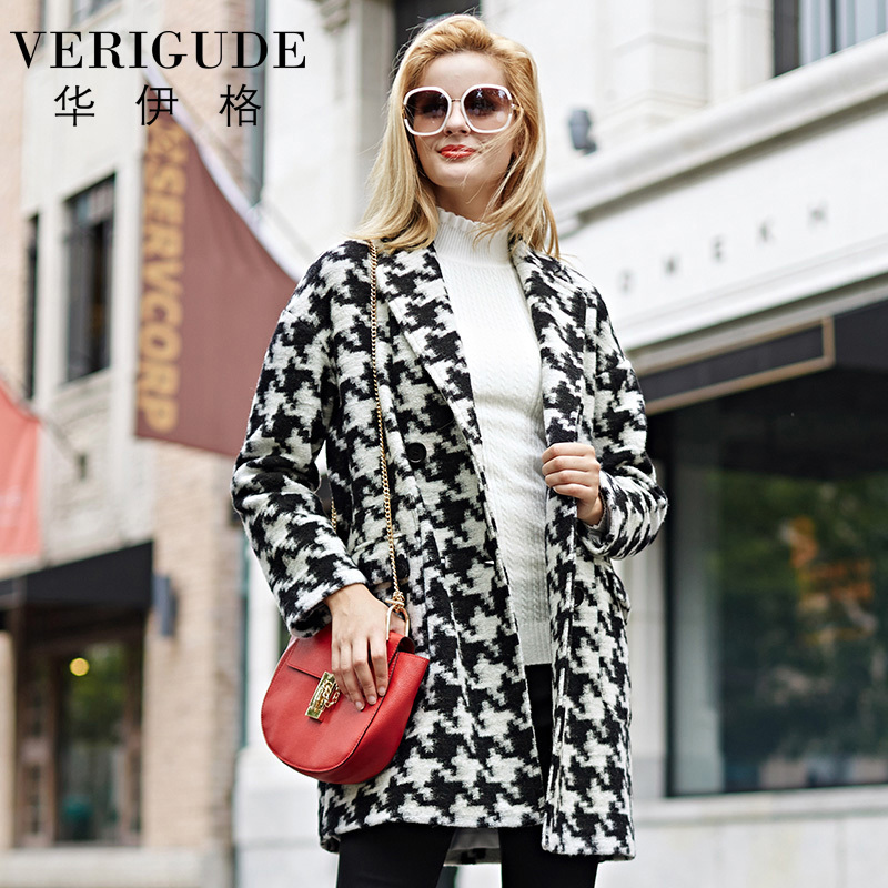 Veri Gude 2015 New Arrival Winter Wool Coat Women Plaid Pattern Long Overcoat