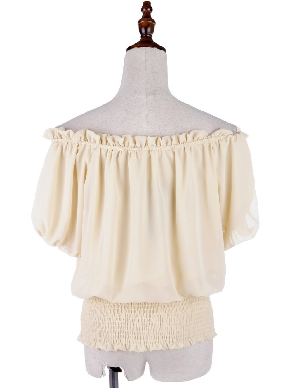 White Peasant Boho Style Smocked Waist Chiffon Blouse Short Top For Women