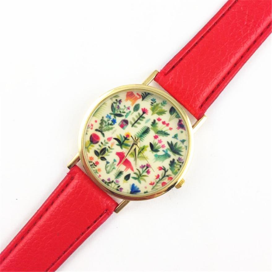 2016 Fashion Women's Watches Bracelet Animal Design Leather Floral Printed Analog Quartz WristWatch