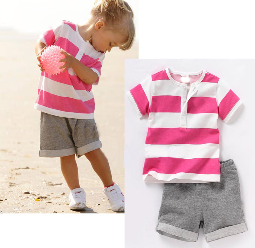 retail 2014 summer new design children clothing set for baby girl red white striped shirt gray