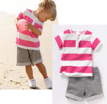 retail 2014 summer new design children clothing set for baby girl red white striped shirt gray