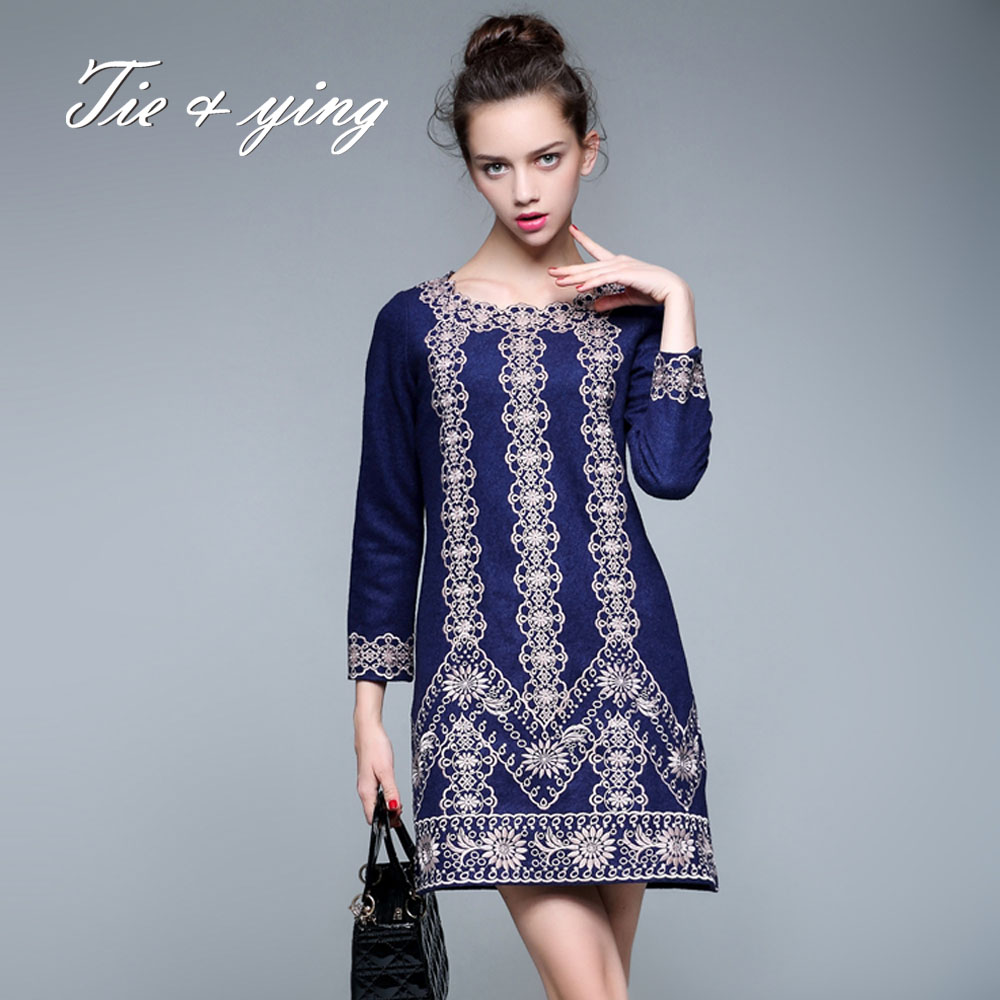 Special lady royal  vintage embroidery short dress 2015 Chinese style puls size high quality long sleeve slim women wool dresses