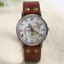 2015 venta caliente nueva Vintagt europa de moda reloj de pulsera con mapa de patrones mujeres cuarzo de la venda del cuero del reloj de Color marrón