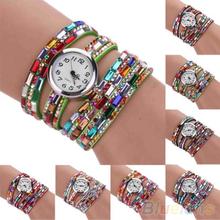 Woman Exotic Multi Layers Colorful Beads Crystals Quartz Bracelet Wrist Watch 28E7