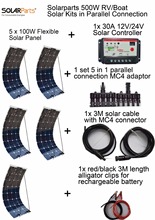 Solarparts 500W DIY solar Kits syste, 5x 100W flexible solar panel, 1x 30A solar controller, 1set 5 in 1 connector full cable
