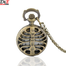 Retro Steampunk Bronze Spine Ribs Hollow Quartz Pocket Watch Necklace Pendant sweater chain Women Gift P970