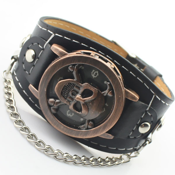 Hot selling fashion punk skull leather strap watch men vintage sport skeleton quartz wrist watch Relogio