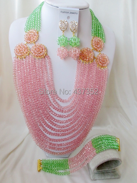 2015 New Arrived! Light green peach costume nigerian wedding african beads jewelry sets crystal beads necklaces NC2185
