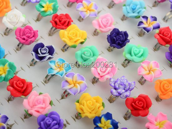 30Pcs Lots Wholesale Mixed Colors Flower Polymer Clay Finger Rings For Kids Flower Adjustable Wedding Rings