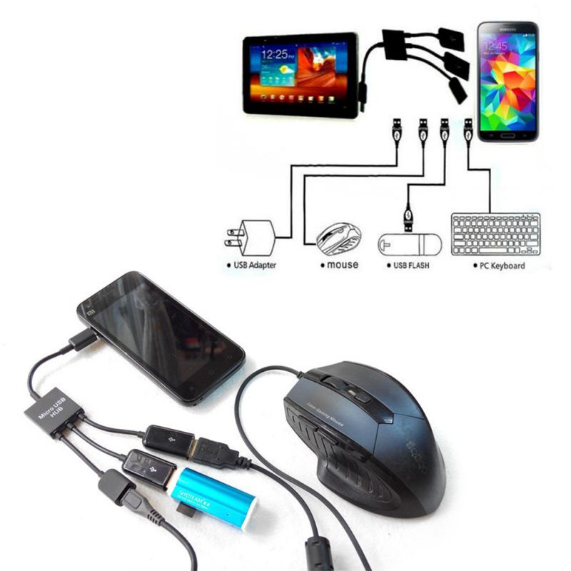 Power Charging keyboard mouse card reader 3Port Micro USB OTG Hub Host Cable Free Shipping