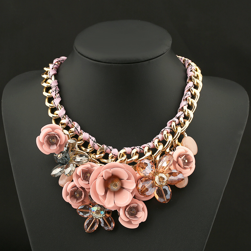 PINK Necklaces Pendants Hot Sale Brand ZA Big Resin Crystal Flower Luxury Vintage Choker Statement Necklace