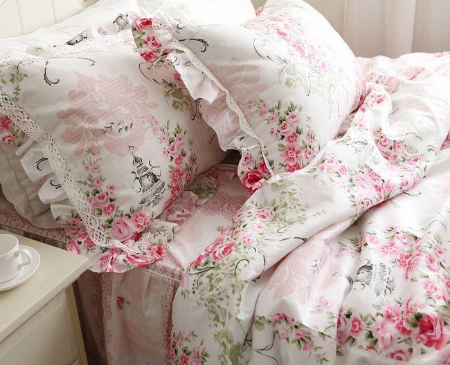 Free Shipping princess Pink ruffle lace bedding sets,romantic floral