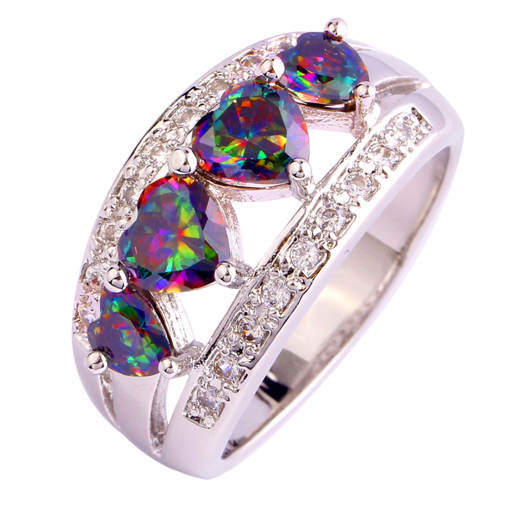 women brilliant colorful rainbow heart cut created topaz 925 silver ring size 6 7 8 9 - Rainbow Wedding Rings women brilliant colorful rainbow heart cut created topaz 925 silver ring size 6 7 8 9 - Rainbow Wedding Rings
