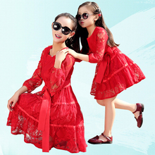 2016 summer European mommy and me ribbon lace princess dress mother daughter hollow flower dresses girls & women party clothes