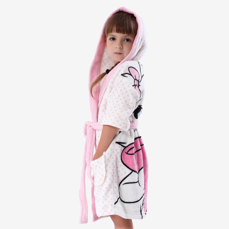 Girls White Bathrobe With Hood Coral Fleece Printed Cat Roupão Infantil ~ Girls White Bathrobe With Hood Coral Fleece Printed Cat